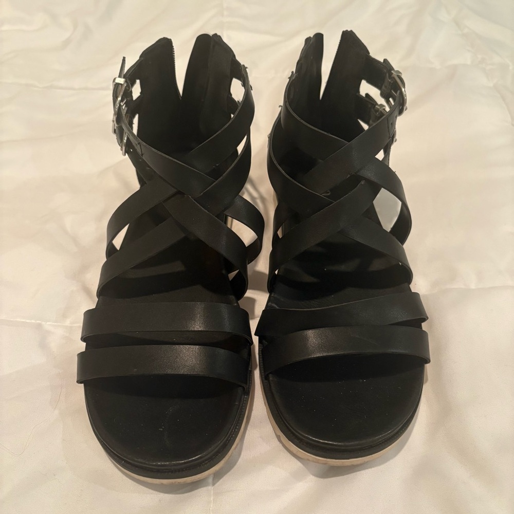 ANA Black Strappy Sandals with Silver Buckle 7.5